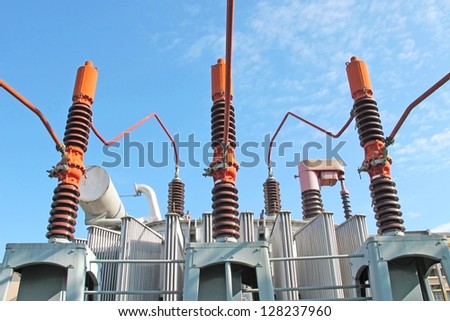 huge electricity transformer high voltage into a powerhouse of production of electricity