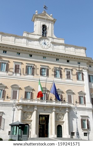 Palazzo Montecitorio headquarters of the Italian Parliament in Rome with the Italian flag and the European