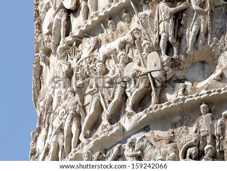 Scenes Of War And Many Romans Warriors Sculpted In Trajan\'S Column In Rome