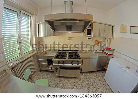 stainless steel industrial kitchen for preparing meals of the children in the school canteen