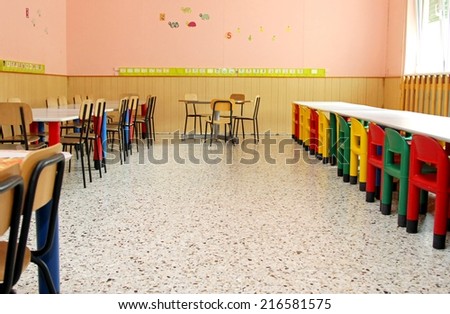 small tables and colourful chairs in the refectory of the school canteen in a nursery