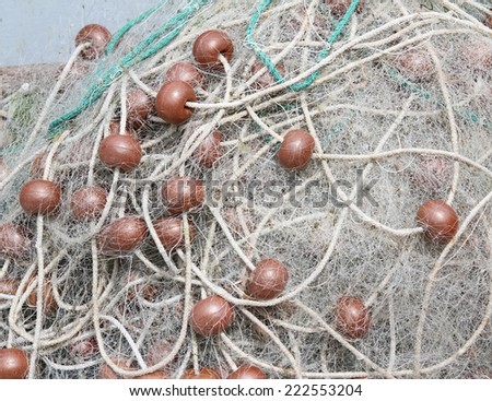 tangle of fishing nets with big Cork floats for fishing on the high seas