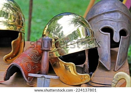 roman helmets and medieval helmets of brave knights and soldiers