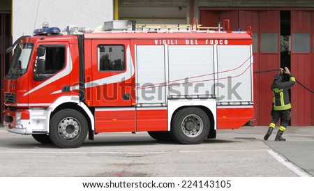 fire truck of Italian firefighter during exercise in fire station