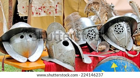 armor and helmets of ancient Roman origin and medieval helmets of brave knights and soldiers