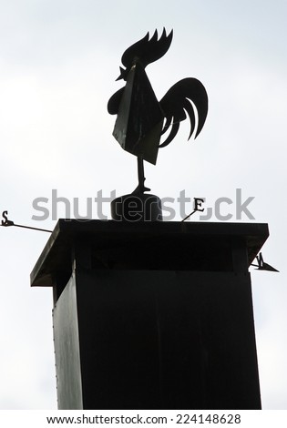 black wind vane in the shape of a rooster with the cardinal points