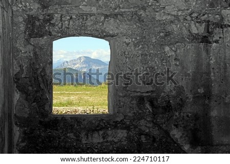 Mountain Panorama from the window of the Sommo Fort used by the austro Hungarian army during World War I in Italy