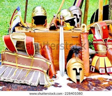 armor and helmets of Roman origin and medieval helmets of brave knights and soldiers