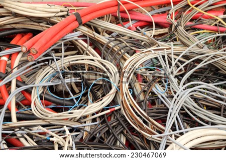 old electrical copper cables in a special waste landfill