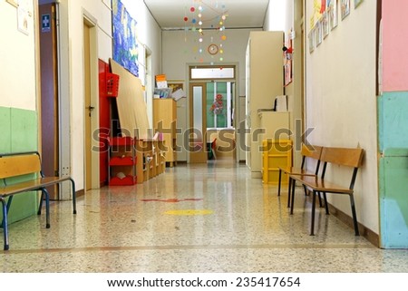 long corridor of a nursery school during the holidays without children