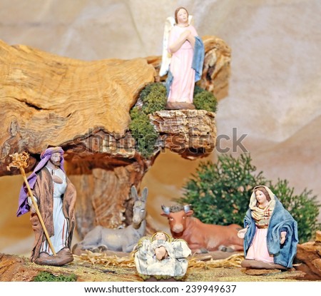 statues of the Nativity scene with Holy family traditional Neapolitan style