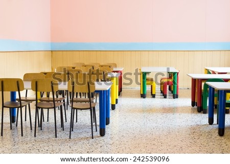 lunchroom of the refectory of the kindergarten with small benches and small chairs