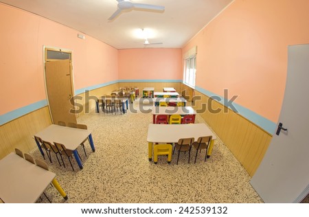 lunchroom of the refectory of the kindergarten with benches and chairs