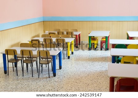 lunchroom of the refectory of the kindergarten with small benches and small colored chairs