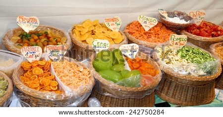 colored candied fruit in the market basket in Italy