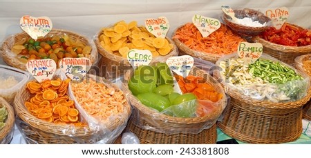 colored candied fruit in the market basket in Italy