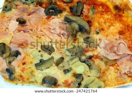 macro pizza with mozzarella ham mushrooms
