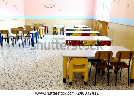 colored plastic chairs and small tables of the refectory in early childhood school