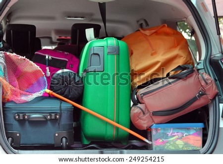 duffle bag and trolley with a fishing net in the trunk of the car departing