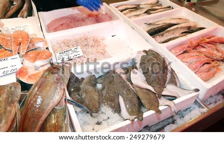 boxes of fresh fish on sale in fish market stall in Italy