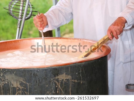 cheesemaker checks the temperature of the boiling milk in the pot for making cheese