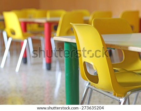 Classroom with yellow chairs and tables in the kindergarten