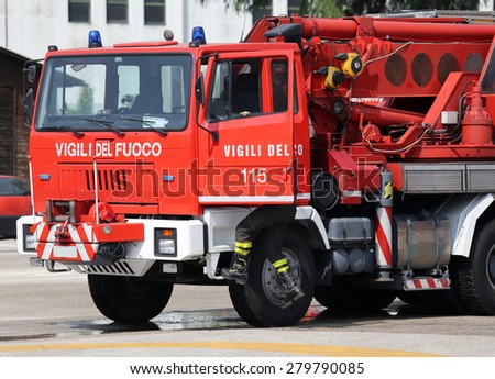 italian Red fire trucks with huge crane