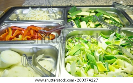 bamboo and sprout and onion in the buffet pans in Asian restaurant