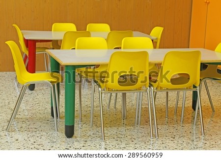 classroom of a kindergarten with yellow chairs without person