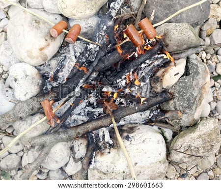 cooked sausage with stick in the fire of summer camp