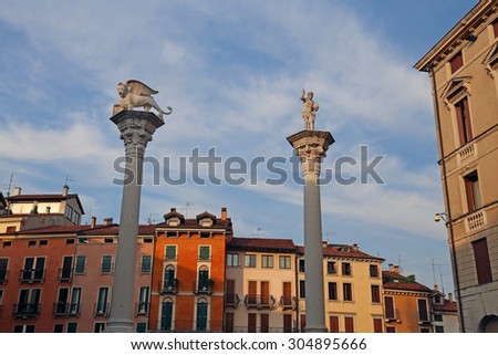 Vicenza Italy Two columns with Winged lion and Jesus Redeemer with the world in your hand