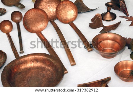 Cookware copper and dishes for sale at flea market