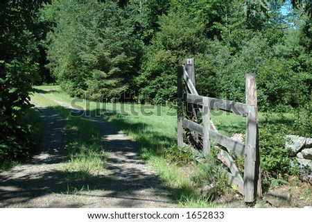 Country lane with open gate inviting you to take a walk in the sunshine