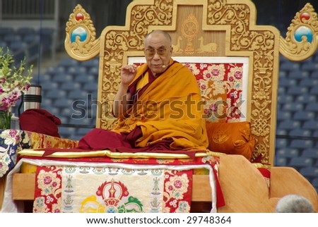 FOXBORO, MA - MAY 3: His Holiness the 14th Dalai Lama speaks during his visit to Gillette Stadium on May 3, 2009 in Foxboro, MA
