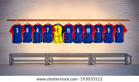 Row of Blue Football Team shirts with Yellow Shirt 3-5