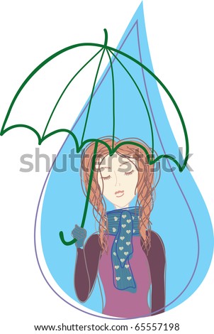 cartoon girl walking in rain. stock vector : Cartoon girl
