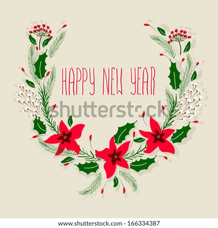 Merry Christmas and Happy New Year Card. Christmas Wreath