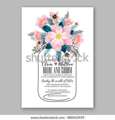 Romantic pink peony bouquet bride wedding invitation template design. Winter Christmas wreath of pink flowers and pine and fir branches. Ribbon mason jar