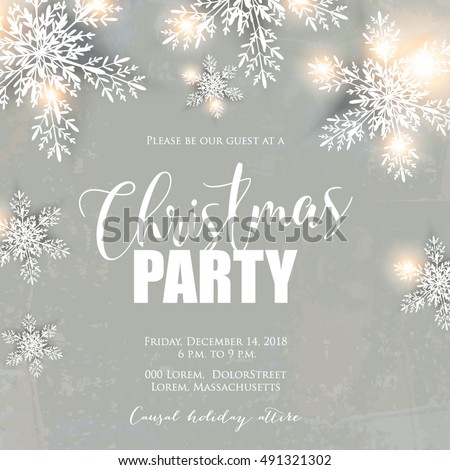 Merry Christmas party invitation and Happy New Year Party Invitation Card Christmas Party poster Holiday design template Christmas decoration fir tree, Pine Branches snowflake, gift box, lights, balls