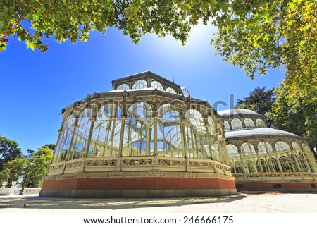 The Crystal Palace (Palacio de Cristal), a glass and metal structure built by Ricardo Velazquez Bosco in 1887 to exhibit flora and fauna from the Philippines on Buen Retiro Park in Madrid, Spain