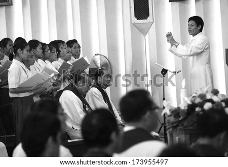 UBON RATCHATHANI, THAILAND - MAR 19, 2012 : the church\'s band perform in the Catholic funeral of priest Luca Santi Wancha on Mar 19, 2012 in Ubon Ratchathani, Thailand
