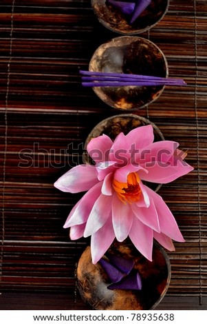 PInk water lily with incense.bamboo blinds back ground.