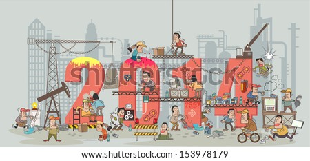 Funny cartoon construction workers collaborating in the installation 2014 building Cartoon and vector illustration template design Funny cartoon construction workers collaborating in the installation 2014 building Cartoon and vector illustration template design