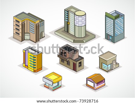 Pixels Art vector illustration of isometric buildings Pixels Art vector illustration of isometric buildings