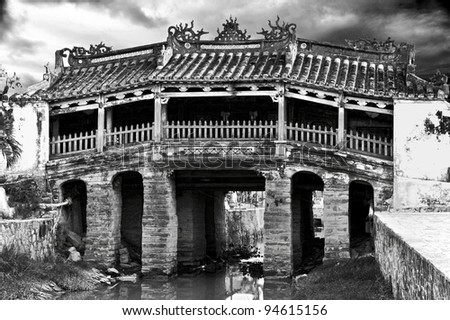 Black and white picture of Japanese Bridge in Hoi An, Vietnam