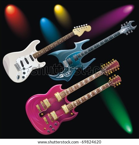 Pictures Of Guitars To Color. stock vector : Three guitars and five color spotlights