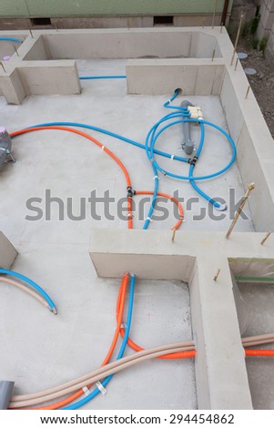 Foundation work of the house. Water and sewage pipes. Japan.
