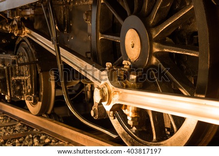 The wheels of a steam locomotive