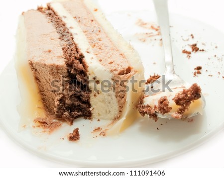 slice of chocolate mousse cake on white plate