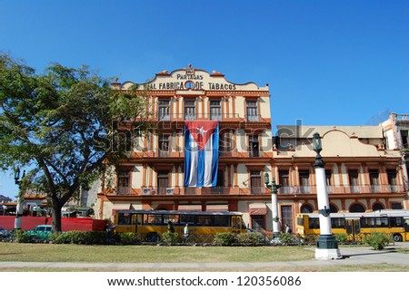 HAVANA - JANUARY 28: exterior of famous cigar factory in Havana, Cuba on January 28, 2009 during the 50th anniversary of the revolution. Partagas is one of the oldest cigar brands in Cuba.